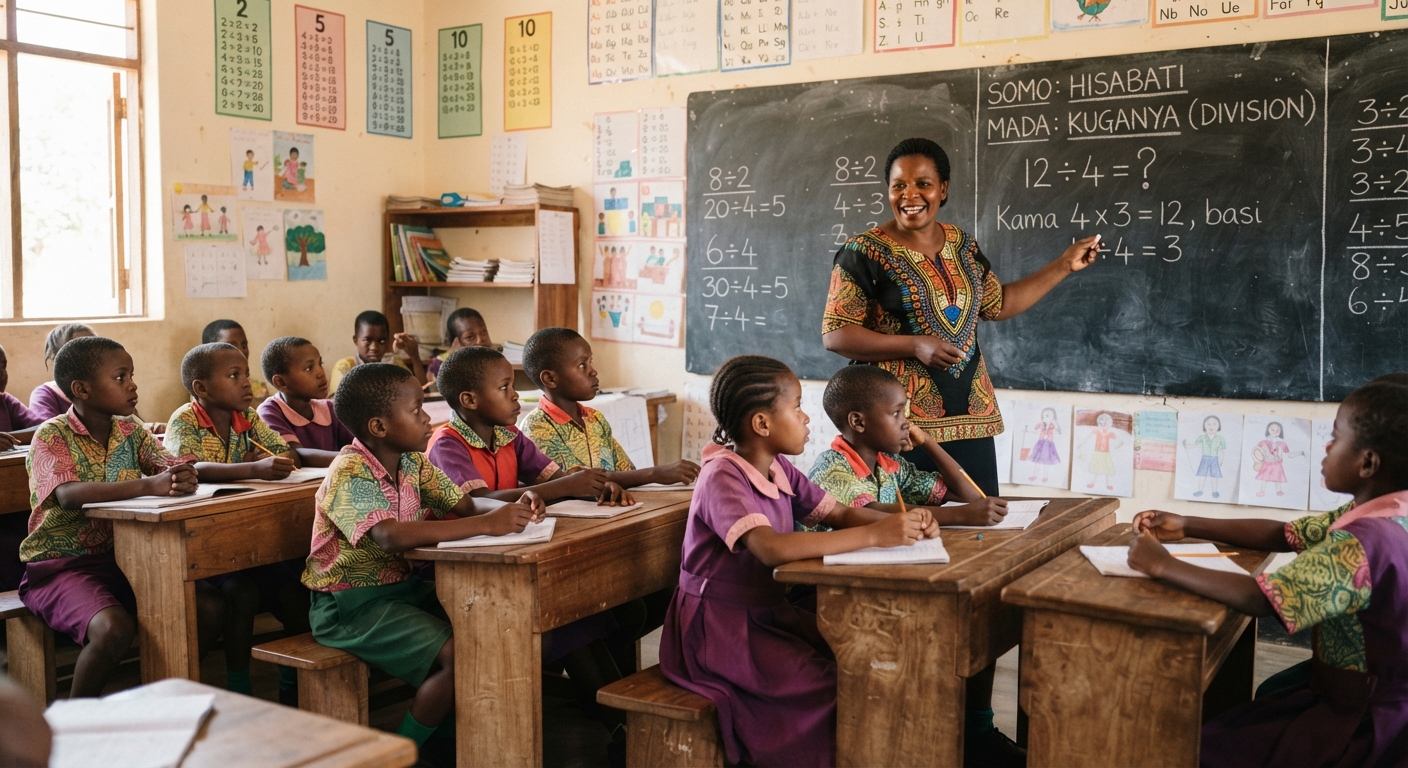Mwalimu akifundisha darasani, akitumia ubao kuandika mfano wa kugawanya 12 ÷ 4 = 3, na watoto wakizingatia.
